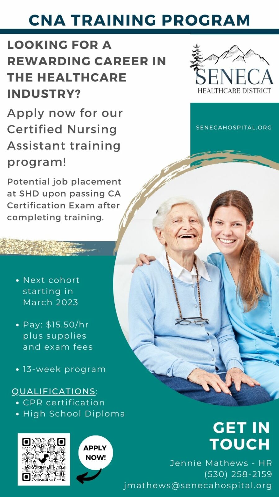 CNA Flyer, looking for a rewarding career in the healthcare industry? Call 520-258-2159 for more information on our CNA program. 